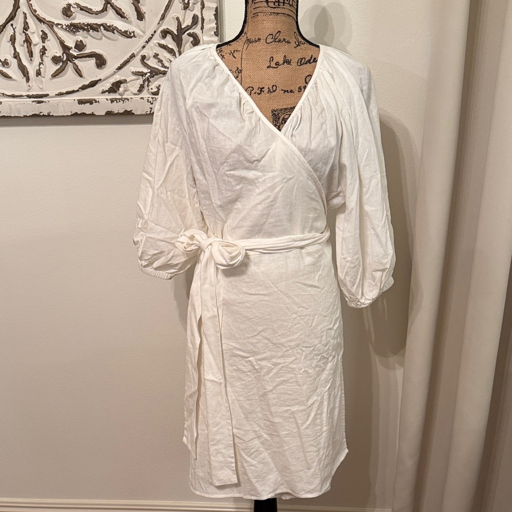 Linen Creamy White Wrap Dress with Belt L